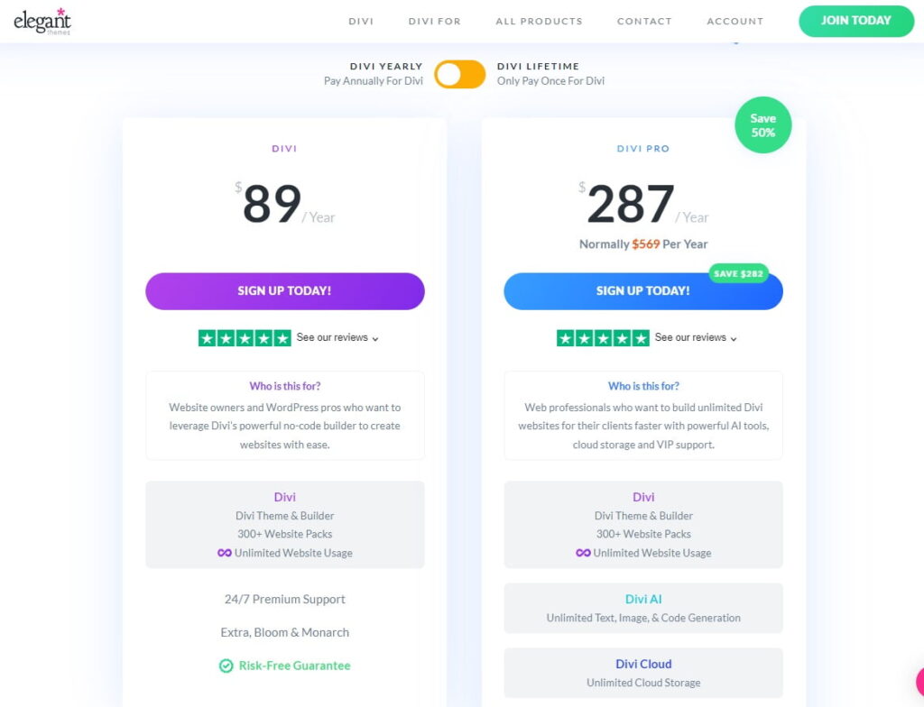 Offres d'adhésion annuelle et à vie Divi.