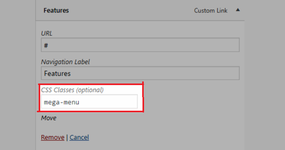 Classes CSS mega menu