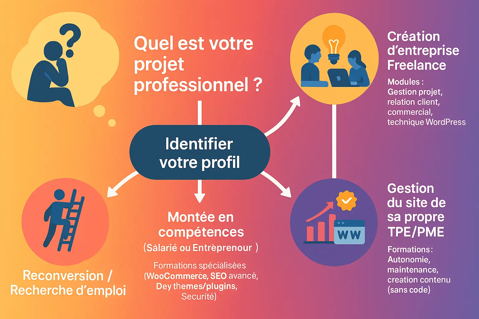 Illustration du processus de définition d'un projet professionnel pour choisir une formation WordPress